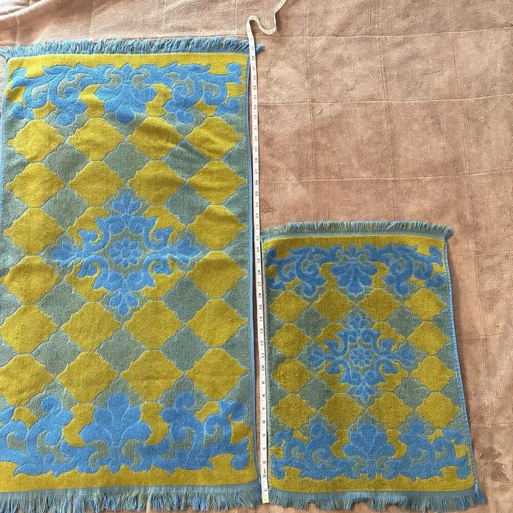 2 Vintage JC Penney Fashion Manor Bath Hand Towel Set MCM Blue Avocado Olive